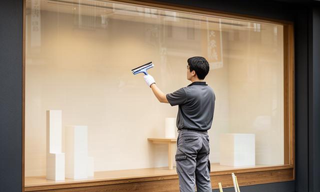小規模店舗のショーウインドウを清掃するスタッフ
