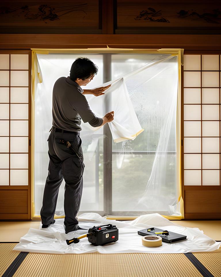 和室の障子と窓を丁寧に養生する清掃スタッフ