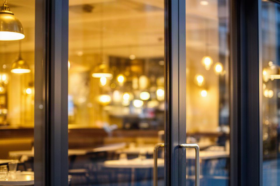 清掃後のレストラン入口ガラスに店内照明が映る透明な仕上がり
